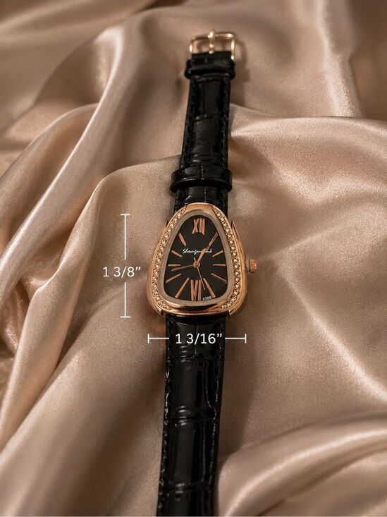 Womens Black Vegan Leather Crystal Watch Rose Gold Tone Elegant Dress Wristwatch main image 2